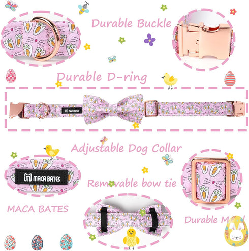 Maca Bates Easter Day Dog Collar with Bow Tie, Adjustable Pink Eggs Collar for Small Medium Large Dogs