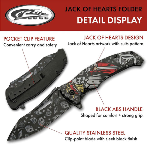 SZCO Supplies 8.5” Jack Of Hearts Skull Liner Lock EDC Folding Knife With Pocket Clip