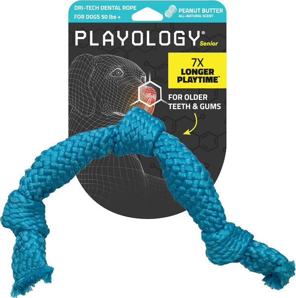 Playology Silver Dri-Tech Dental Rope for Large to X-Large Senior Dogs 50lbs & Up, Peanut Butter Scented Chew Toy