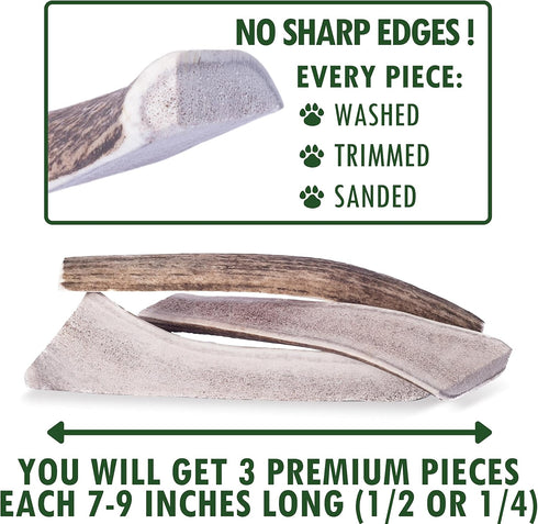 Wildeers Large Split Antlers for Dogs, 3-Pack, Made in USA, Grade A Elk Chews for Medium & Large Breeds, 7-9 in Long