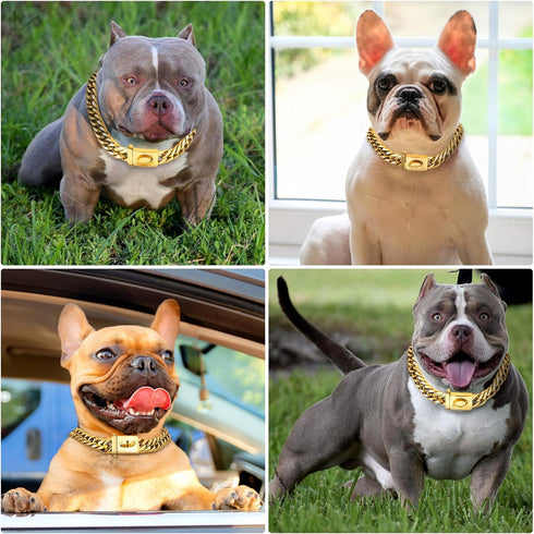 BAOBOTE Gold Chain Dog Collar, 16MM 18K Gold Heavy Duty Cuban Link with Secure Snap Buckle, Chew Proof for Dogs (24"