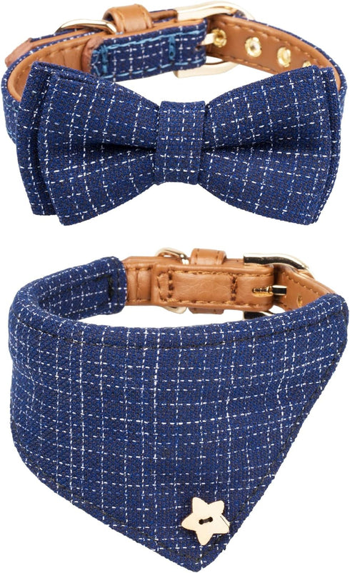 Small Dog Collar & Bandana Set for Puppy Cat, 2pcs PU Leather Canvas Scarf, Durable Blue Classic