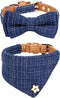 Small Dog Collar & Bandana Set for Puppy Cat, 2pcs PU Leather Canvas Scarf, Durable Blue Classic