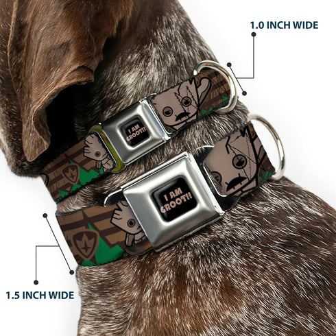 Buckle-Down Kawaii Groot Dog Collar - 2-Poses/Guardians Badge Browns/Green, 1.5" Wide, Fits 18-32" Neck, Large