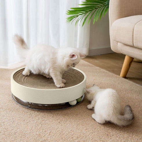 Qualunicc 3-in-1 2 Cat Scratcher Toy with Track Ball, Round Cardboard Cat Scratcher Lounge & Bed, Interactive Cat Toy