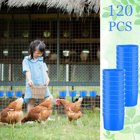 120 Pcs Cage Cups for Chicken Birds, Plastic Hanging Feeders and Waterers, 8 oz Feeding Bowl, Blue