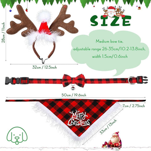 6 PCs Dog Christmas Costume Elk Reindeer Antler Headband Buffalo Plaid Bandana Bow Tie Triangle Pet Scarf Outfit Bib