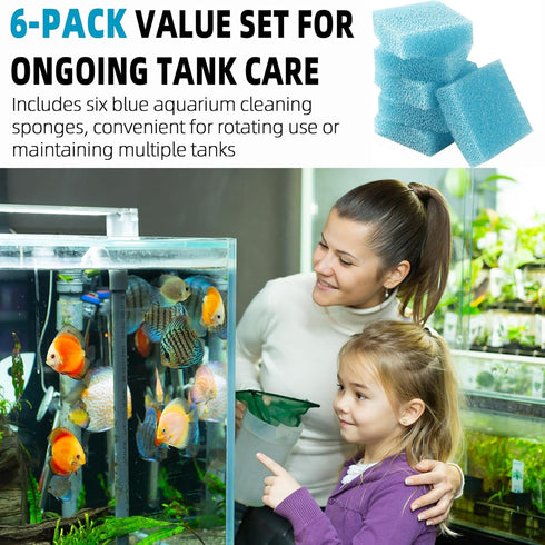 6-Pack (3.25 3.25 1 Aquarium Glass Cleaning Sponge x x in), Non-Scratch Aquarium Cleaner for Fish & Turtle Tanks