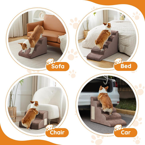 Dog Steps for Bed, 4-Step Dog Ramp for Small Dogs, Non-Slip Design, High Density Foam, Coffee
