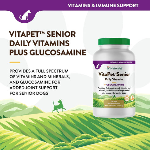 NaturVet VitaPet Senior Daily Vitamins for Senior Dogs, Plus Glucosamine, 60 Time Release Tablets
