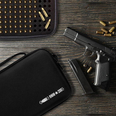 200 Round 9MM Ammo Case, Bullet Storage Box Compatible with 9mm Luger, 45 ACP, 380 ACP, Locking Travel Safe