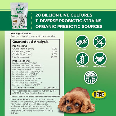 Vital Planet Flora Dog Probiotics, 30 Natural Bacon Flavored Chews with 20 Billion Cultures, Immune Support