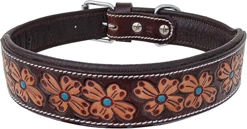 Heavy Duty Hand Tooled Floral Leather Dog Collar, Western Style Padded for Puppies and Big Dogs 10AB124-L