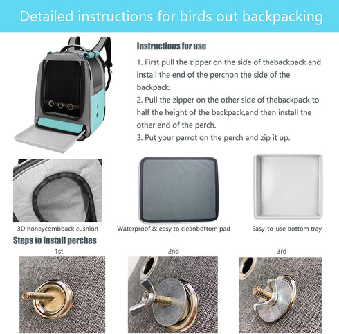 Bird Backpack Carrier, Travel Cage with Tray and Perch, Waterproof Pad for Parakeets and Lovebirds