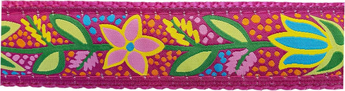 Preston Bristol Flower Dog Collar and Leash Set - Bright Multi Colored Floral Ribbon on Raspberry Pink