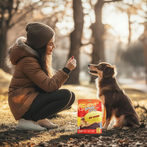 10.6 oz Jungle Calling Soft Beef Sausage Dog Treats, Grain-Free High Protein Tender Beef Jerky, Easy to Chew Training