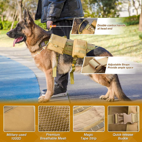 Tactical Dog Harness with Pouches, Adjustable No-Pull Military Dog Vest for Large Medium Dogs, Handle for Walking