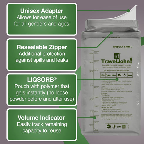 Resealable Disposable Urinal for All Genders, 6 Pack for Emergencies, Travel, Camping, 28oz/800ml Capacity
