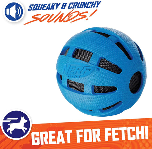 Nerf Dog Crunch and Squeak Rubber Ball Dog Toy, Medium/Large, Single, Blue