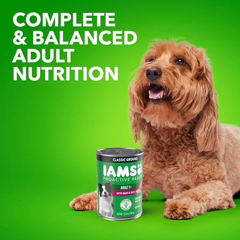 Multipack 13 oz. (Pack 12) IAMS Proactive Health Wet Dog Food, Adult Wet Dog Food Ground Dinner, Beef & Rice, Cans