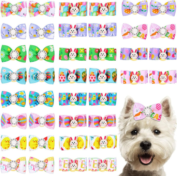 Waydress 40 Pieces Easter Dog Bows, Rabbit Bunny Egg Hair Bowknot, Handmade Dog Easter Grooming Accessories