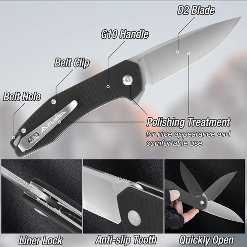 FLISSA Pocket Knife, Folding Tactical Knife with G10 Handle, D2 Blade, Liner Lock, Pocket Clip, EDC Knife for Hiking, Camping, Survival, Indoor and Outdoor Activities(Black) by FLISSA