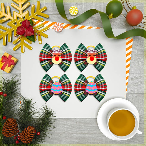 80pcs Christmas Small Dog Hair Bows, Bulk Plaids with Rubber Bands, Mix Christmas Pattern Pet Grooming Bows