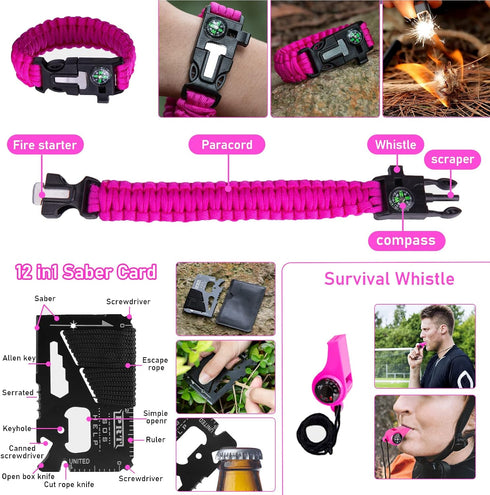 Pink Survival Kits with First Aid Kit, Hiking Camping Gear for Women, Professional Bug Out Bag Set