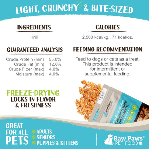Raw Paws Freeze-Dried Krill Treats for Dogs & Cats, 3-oz - Naturally Contains Krill Oil for Dogs, Omega 3