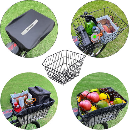 RAYMACE Rear Bike Basket with Waterproof Cover, Bicycle Cargo Rack Storage for Back Under Seat
