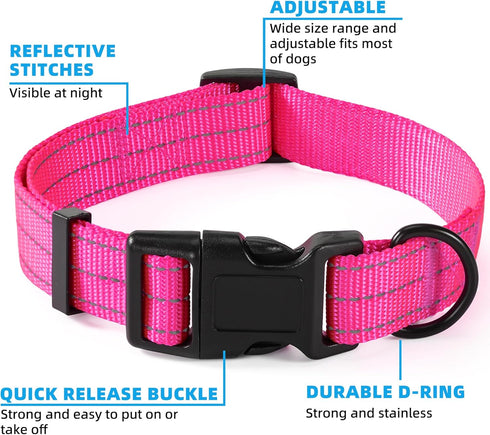 Mile High Life Reflective Dog Collar, Light Weight Nylon Puppy Collars, Solid Pink for Small Dogs (X-Small)