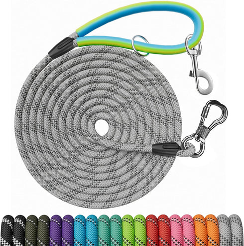 NTR Dog Training Leash, 10FT Check Cord Rope Lead with 2 Swivel Hooks, Reflective Threads, Soft Rubber Handle - Grey