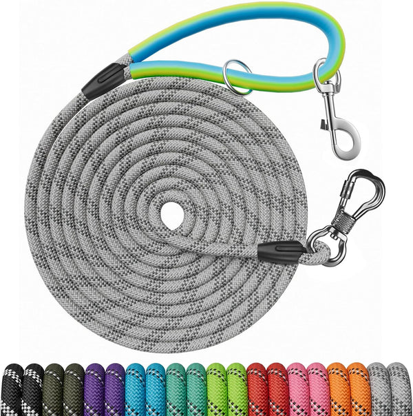 NTR Dog Training Leash, 10FT Check Cord Rope Lead with 2 Swivel Hooks, Reflective Threads, Soft Rubber Handle - Grey