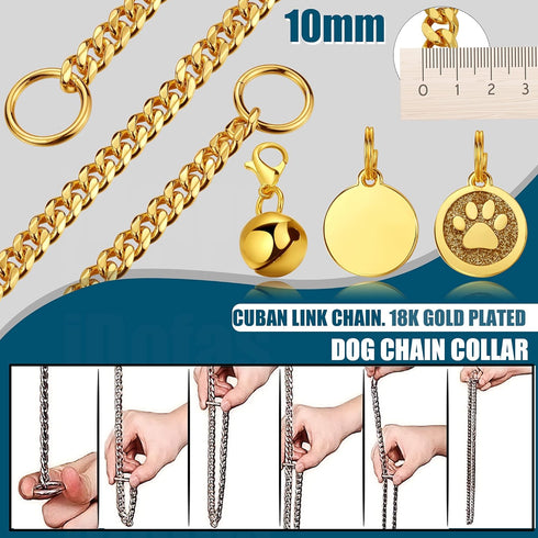 Gold Dog Collar - 10mm Slip Cuban Link Chain, Heavy Duty Stainless Steel Collar for Dogs (14")