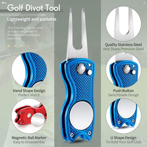 Skylety 4 Pieces Golf Divot Repair Tool with Magnetic Button Ball Marker, Stainless Steel Foldable Tool