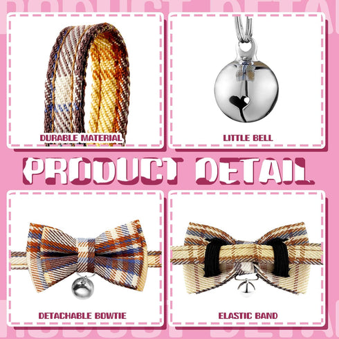 Weewooday 10 Pcs Breakaway Cat Collar with Bow Tie and Bell, Adjustable Cute Plaid Safety Collars for Cats