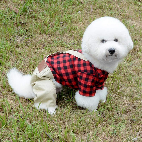 SMALLLEE_LUCKY_STORE Pet Clothes for Small Dog Cat, Red Plaid Shirt with Khaki Overalls, M
