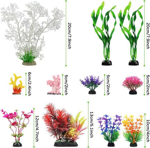 Aquarium Decorations Plants with Resin Coral, 12 pcs Small Plastic Fish Tank Accessories, Artificial Plant Decor