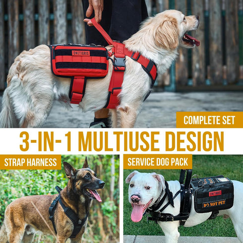 OneTigris Service Dog Vest Harness, Red, Large, Molle Backpack with Pouches for Medium & Large Dogs