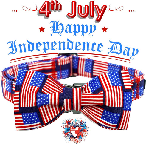 Elegant Little Tail Independence Day Dog Collar, Holiday Pet Collar with Bow, Adjustable Durable Patriotic Collar for