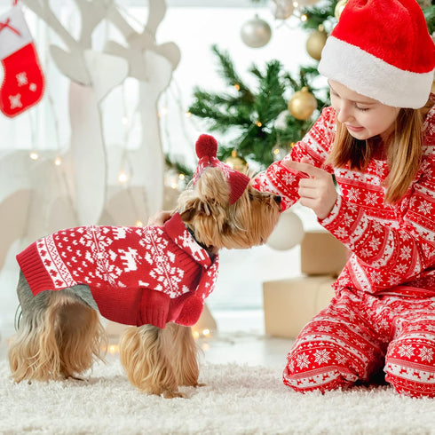 Dog Christmas Sweater Scarf and Hat Set, Cute Red Reindeer Snowflake Outfits for Small Dogs Cats, Large