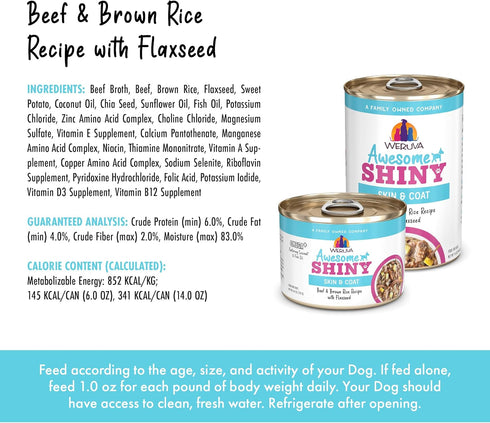 6oz (Pack 8) Weruva Awesome Shiny Wet Dog Food, Beef & Brown Rice, Can