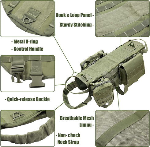 Tactical Dog Harness with Pouches - Adjustable Military Dog Vest Harness for Large Medium Dogs with Hook & Loop Panels,