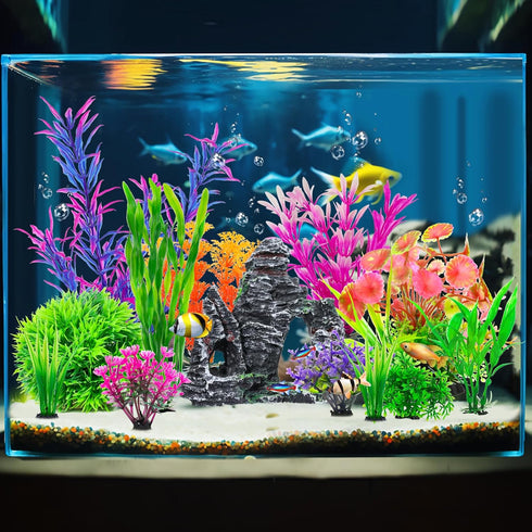 13Pcs Fish Tank Artificial Plastic Plants & Cave Rock Decor Set - Aquarium Decorations Kit