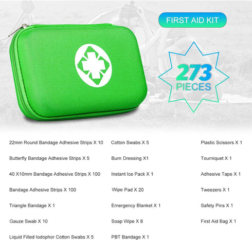 YIDERBO Car-Home Survival First-Aid Kit Emergency-Kit - Green, 273 Piece Equipment Travel Supplies for Camping