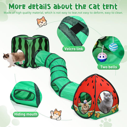 3-in-1 Tailtastic Watermelon Cat Play Tunnel with Pop-Up Cube & Triangle Cat Tent, Interactive Toy Ball & Foldable