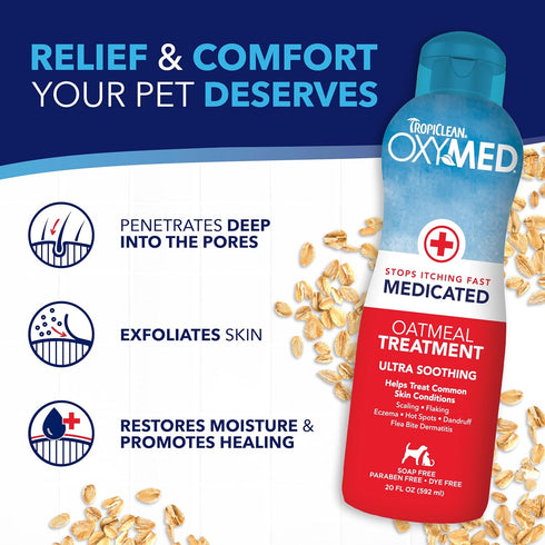 Set Set 2 TropiClean Oxymed Medicated Cat & Dog Shampoo and Conditioner for Itchy Skin, Skin Soothing Oatmeal Shampoo