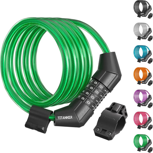 Titanker Bike Lock Cable, 4 Feet Basic Self Coiling Kids Bike Lock, Combination with Mounting Bracket (Green-8mm)