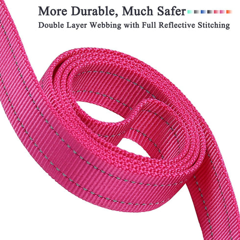 VIVAGLORY Traffic Handle Dog Leash with Two Padded Soft Handles, Reflective Training Lead, Pink