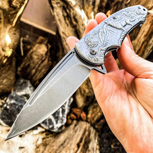 MADSABRE Wolf Pattern Folding Pocket Knife - Stone Washed Steel Handle, Liner Lock for Outdoor Camping and Hunting